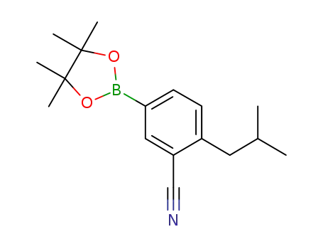 Molecular Structure of 856167-68-5 (2-(2-methylpropyl)-5-(4,4,5,5-tetramethyl-1,3,2-dioxaborolan-2-yl)Benzonitrile)