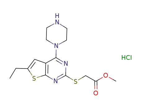 Molecular Structure of 910802-66-3 (Acetic acid, [[6-ethyl-4-(1-piperazinyl)thieno[2,3-d]pyrimidin-2-yl]thio]-,
methyl ester, monohydrochloride)