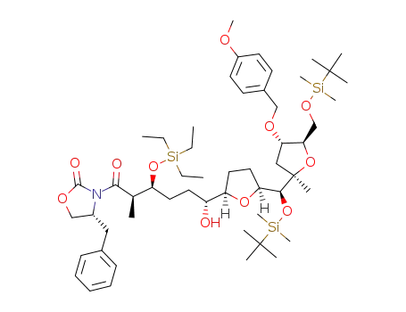 (R)-4-benzyl-3-((2R,3S,6R)-6-((2R,5S)-5-((S)-((tert-butyldimethylsilyl)oxy)((2R,4S,5R)-5-(((tert-butyldimethylsilyl)oxy)methyl)-4-((4-methoxybenzyl)oxy)-2-methyltetrahydrofuran-2-yl)methyl)tetrahydrofuran-2-yl)-6-hydroxy-2-methyl-3-((triethylsilyl)oxy)hexanoyl)oxazolidin-2-one