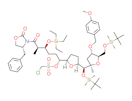 (1R,4S,5R)-6-((R)-4-benzyl-2-oxooxazolidin-3-yl)-1-((2R,5S)-5-((S)-((tert-butyldimethylsilyl)oxy)((2R,4S,5R)-5-(((tert-butyldimethylsilyl)oxy)methyl)-4-((4-methoxybenzyl)oxy)-2-methyltetrahydrofuran-2-yl)methyl)tetrahydrofuran-2-yl)-5-methyl-6-oxo-4-((triethylsilyl)oxy)hexyl chloromethanesulfonate