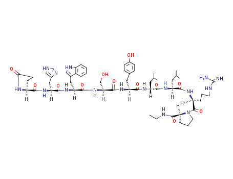 53714-56-0,Leuprorelin,Luteinizinghormone-releasing factor (pig),6-D-leucine-9-(N-ethyl-L-prolinamide)-10-deglycinamide-;(D-Leu6,des-Gly-NH210)-LH-RH ethylamide;D-Leu6-des-Gly10-LH-releasing hormone ethylamide;Des-Gly10-[D-Leu6]-LH-releasing hormone ethylamide;Des-Gly10-[D-Leu6]LH-RHethylamide;1-9-Luteinizinghormone-releasing factor (swine), 6-D-leucine-9-(N-ethyl-L-prolinamide)-;Leuprorelin;Lupron SR;NSC 377526;