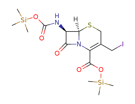 Molecular Structure of 111389-99-2 (5-Thia-1-azabicyclo[4.2.0]oct-2-ene-2-carboxylic acid,
3-(iodomethyl)-8-oxo-7-[[[(trimethylsilyl)oxy]carbonyl]amino]-,
trimethylsilyl ester, (6R,7R)-)