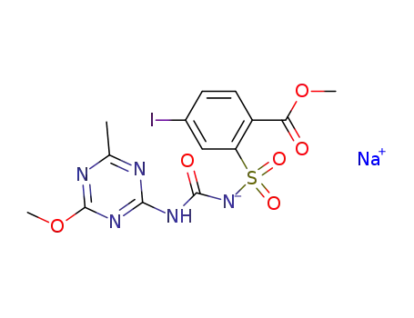 Molecular Structure of 144550-36-7 (Methyl 4-iodo-2-[3-(4-methoxy-6-methyl-1,3,5-triazin-2-yl)ureidosulfonyl]benzoate sodium salt)