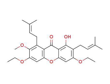 Molecular Structure of 189945-36-6 (9H-Xanthen-9-one,
3,6-diethoxy-1-hydroxy-7-methoxy-2,8-bis(3-methyl-2-butenyl)-)