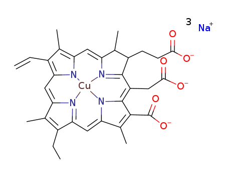 Cuprate(3-),[(7S,8S)-3-carboxy-5-(carboxymethyl)-13-ethenyl-18-ethyl-7,8-dihydro-2,8,12,17-tetramethyl-21H,23H-porphine-7-propanoato(5-)-kN21,kN22,kN23,kN24]-, sodium (1:3), (SP-4-2)-(11006-34-1)