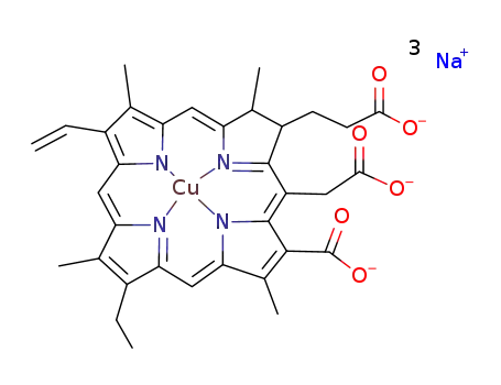Molecular Structure of 11006-34-1 (Cuprate(3-),[(7S,8S)-3-carboxy-5-(carboxymethyl)-13-ethenyl-18-ethyl-7,8-dihydro-2,8,12,17-tetramethyl-21H,23H-porphine-7-propanoato(5-)-kN21,kN22,kN23,kN24]-, sodium (1:3), (SP-4-2)-)