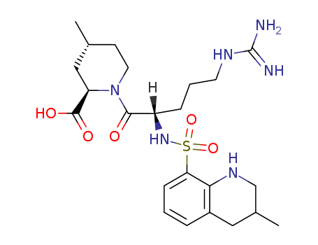 74863-84-6,Argatroban,2-Piperidinecarboxylicacid,1-[5-[(aminoiminomethyl)amino]-1-oxo-2-[[(1,2,3,4-tetrahydro-3-methyl-8-quinolinyl)sulfonyl]amino]pentyl]-4-methyl-,[2R-[1(2S*),2a,4b]]-[partial]-;Acova;Argatra;Argipidin;Argipidine;DK 7419;GN 1600;MCI 9038;MD 805;MQPA;Novastan;OM 805;Slonnon;