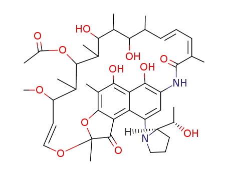 Molecular Structure of 54356-09-1 ((2S,14E,16S,17S,18R,19R,20R,21S,22R,23S,24E)-5,6,17,19-tetrahydroxy-9-[2-(1-hydroxyethyl)pyrrolidin-1-yl]-23-methoxy-2,4,12,16,18,20,22-heptamethyl-1,11-dioxo-1,2-dihydro-2,7-(epoxypentadeca[1,11,13]trienoimino)naphtho[2,1-b]furan-21-yl acetate)