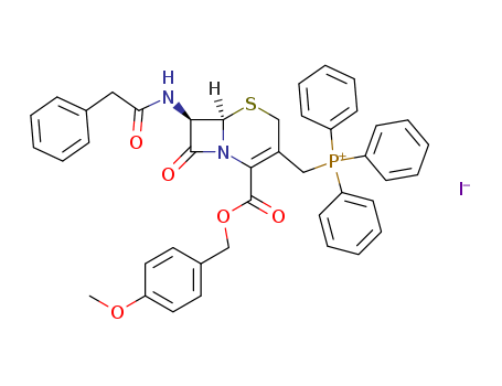 Molecular Structure of 119636-62-3 (Phosphonium,
[[(6R,7R)-2-[[(4-methoxyphenyl)methoxy]carbonyl]-8-oxo-7-[(phenylacet
yl)amino]-5-thia-1-azabicyclo[4.2.0]oct-2-en-3-yl]methyl]triphenyl-,
iodide)