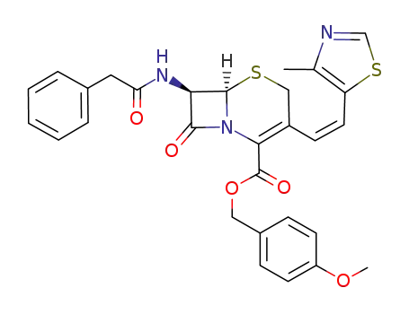 Molecular Structure of 138514-31-5 (5-Thia-1-azabicyclo[4.2.0]oct-2-ene-2-carboxylic acid,
3-[(1Z)-2-(4-methyl-5-thiazolyl)ethenyl]-8-oxo-7-[(phenylacetyl)amino]-,
(4-methoxyphenyl)methyl ester, (6R,7R)-)