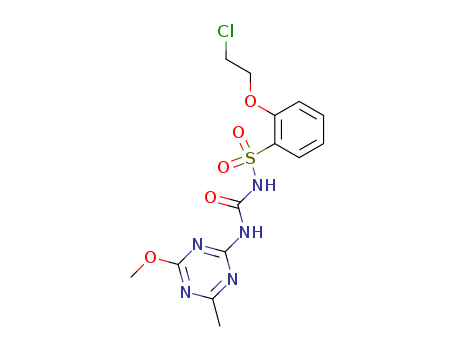 82097-50-5,Triasulfuron,1-[2-(2-chloroethoxy)phenyl]sulfonyl-3-(4-methoxy-6-methyl-1,3,5-triazin-2-yl)urea;1-(2-(2-Chloroethoxy)phenylsulfonyl)-3-(4-methoxy-6-methyl-1,3,5-triazin-2-yl)urea (IUPAC);EPA Pesticide Chemical Code 128969;Triasulfuron 95%TC;CGA 131036;Benzenesulfonamide, 2-(2-chloroethoxy)-N-(((4-methoxy-6-methyl-1,3,5-triazin-2-yl)ami-no)carbonyl)-;Triasulphuron;Logran;2-(2-Chloroethoxy)-N-(((4-methoxy-6-methyl-1,3,5-triazin-2-yl)amino)carbonyl)benzenesulfonamide;