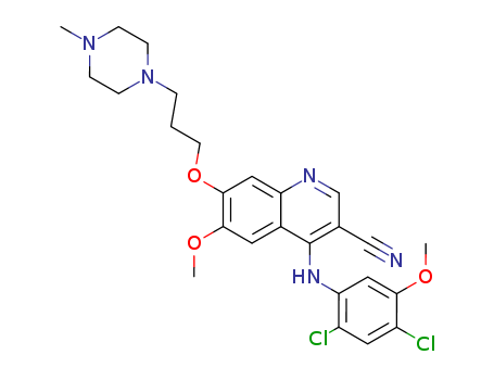 380843-75-4,Bosutinib,4-[(2,4-dichloro-5-methoxy-phenyl)amino]-6-methoxy-7-[3-(4-methylpiperazin-1-yl)propoxy]quinoline-3-carbonitrile;3-Quinolinecarbonitrile, 4-((2,4-dichloro-5-methoxyphenyl)amino)-6-methoxy-7-(3-(4-methyl-1-piperazinyl)propoxy)-;Bosutinib [USAN];4-((2,4-dichloro-5-methoxyphenyl)amino)-6-methoxy-7-(3-(4-methylpiperazin-1-yl)propoxy)quinoline-3-carbonitrile;SKI-606;Bosutinib(TINIBS );