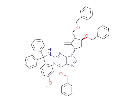 Molecular Structure of 142217-80-9 (6-(Benzyloxy)-9-((1S,3R,3S)-4-(benzyloxy)-3-(benzyloxymethyl)-2-methylenecyclopentyl)-N-((4-methoxyphenyl)diphenylmethyl)-9H-purin-2-amine)