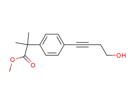 Molecular Structure of 154825-93-1 (4-(4-HYDROXY-1-BUTYNL)-A,A-DIMETHYLBENZENEACETIC ACID, METHYL ESTER)