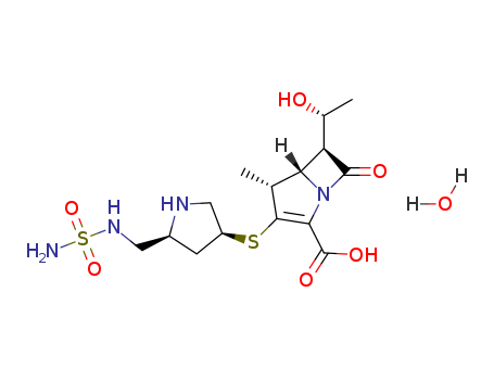 364622-82-2,Doripenem hydrate,1-Azabicyclo[3.2.0]hept-2-ene-2-carboxylicacid,3-[[(3S,5S)-5-[[(aminosulfonyl)amino]methyl]-3-pyrrolidinyl]thio]-6-[(1R)-1-hydroxyethyl]-4-methyl-7-oxo-,monohydrate, (4R,5S,6S)- (9CI);1-Azabicyclo[3.2.0]hept-2-ene-2-carboxylicacid,3-[[(3S,5S)-5-[[(aminosulfonyl)amino]methyl]-3-pyrrolidinyl]thio]-6-[(1R)-1-hydroxyethyl]-4-methyl-7-oxo-,hydrate (1:1), (4R,5S,6S)-;