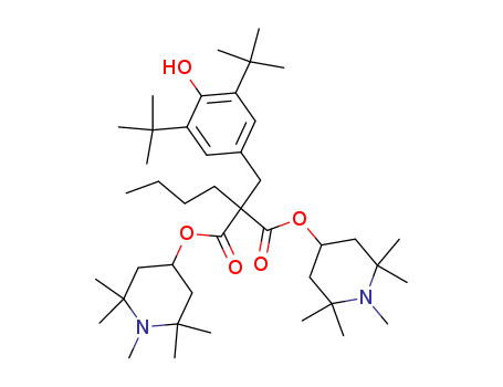 63843-89-0,Bis(1,2,2,6,6-pentamethyl-4-piperidyl) [[3,5-bis(1,1-dimethylethyl)-4-hydroxyphenyl]methyl]butylmalonate,Propanedioicacid, [[3,5-bis(1,1-dimethylethyl)-4-hydroxyphenyl]methyl]butyl-,bis(1,2,2,6,6-pentamethyl-4-piperidinyl) ester (9CI);Bis(1,2,2,6,6-pentamethyl-4-piperidinyl)(3,5-di-tert-butyl-4-hydroxybenzyl)butylpropanedioate;Bis(1,2,2,6,6-pentamethyl-4-piperidinyl) butyl(3,5-di-tert-butyl-4-hydroxybenzyl)malonate;Bis(1,2,2,6,6-pentamethyl-4-piperidyl)2-(3,5-di-tert-butyl-4-hydroxybenzyl)-2-butyl malonate;Bis(1,2,2,6,6-pentamethyl-4-piperidyl)2-(3,5-di-tert-butyl-4-hydroxybenzyl)-2-n-butylmalonate;Bis(1,2,2,6,6-pentamethyl-4-piperidyl)[[3,5-bis(1,1-dimethylethyl)-4-hydroxyphenyl]methyl]butylmalonate;Bis(1,2,2,6,6-pentamethyl-4-piperidyl)butyl(3,5-di-tert-butyl-4-hydroxybenzyl)malonate;Bis(1,2,2,6,6-pentamethyl-4-piperidyl) a-(3,5-di-tert-butyl-4-hydroxybenzyl)-a-butylmalonate;Bis(1,2,2,6,6-pentamethylpiperidin-4-yl)(3,5-di-tert-butyl-4-hydroxybenzyl)butylmalonate;Sanol LS 144;TN 144;Tinuvin114;Tinuvin 144;