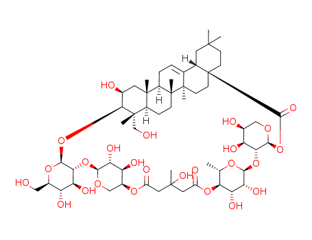 124275-97-4,Olean-12-en-28-oicacid, 3-[[2-O-[4-O-(4-carboxy-3-hydroxy-3-methyl-1-oxobutyl)-a-L-arabinopyranosyl]-b-D-glucopyranosyl]oxy]-2,23-dihydroxy-,28-[2-O-(6-deoxy-a-L-mannopyranosyl)-a-L-arabinopyranosyl] ester,intramol. 4''(3)®4''(28)-ester,(2b,3b,4a)-,28H-6,9:17,20-Diethano-38,41-methano-27a,32,35-[1]propanyl[3]ylidene-2H,11H,22H,27H-dibenzo[v,a1]dipyrano[3,2-r:2',3'-g1][1,3,6,12,15,17,20,32]octaoxacyclotetratriacontin,olean-12-en-28-oic acid deriv.; Lobatoside C