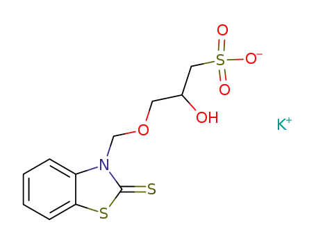 Molecular Structure of 89969-32-4 (1-Propanesulfonic acid,
2-hydroxy-3-[(2-thioxo-3(2H)-benzothiazolyl)methoxy]-, monopotassium
salt)