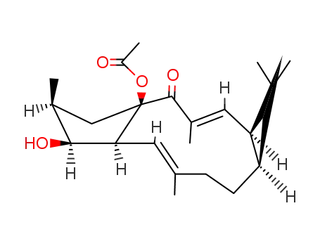 Molecular Structure of 62820-14-8 ((1aR,2E,4aR,6S,7S,7aS,8E,11aS)-4a-Acetoxy-1,1a,4a,5,6,7,7a,10,11,11a-decahydro-7-hydroxy-1,1,3,6,9-pentamethyl-4H-cyclopenta[a]cyclopropa[f]cycloundecen-4-one)