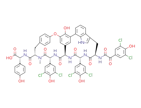 Molecular Structure of 160219-64-7 (Glycine,N-[2-(3,5-dichloro-4-hydroxyphenyl)-2-oxoacetyl]-D-alanyl-(2R)-2-(3,5-dichloro-4-hydroxyphenyl)glycyl-(2R)-2-(3,4-dihydroxyphenyl)glycyl-(2R)-2-(3,5-dichloro-4-hydroxyphenyl)glycyl-N-methyl-L-tyrosyl-2-(4-hydroxyphenyl)-,cyclic (33®5)-ether, cyclic13,35-(1H-indole-3,7-diyl) deriv., (2R)-)