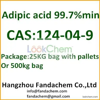 Adipic acid 99.7%, hexanedioic acid, acide adipique, package: 25KG or 500KG packing，used in PA66 and unsaturated polyester resin (UPR) from FandaChem