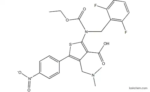 2-((2,6-difluorobenzyl)(e thoxycarbonyl)amino)-4- ((dimethylamino)methyl) -5-(4-nitrophenyl)thiophe ne-3-carboxylic acid