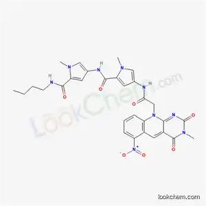 Molecular Structure of 207128-61-8 (N-butyl-1-methyl-4-{[(1-methyl-4-{[(3-methyl-6-nitro-2,4-dioxo-3,4-dihydropyrimido[4,5-b]quinolin-10(2H)-yl)acetyl]amino}-1H-pyrrol-2-yl)carbonyl]amino}-1H-pyrrole-2-carboxamide)