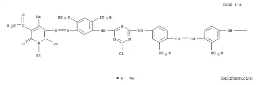 4,4′-ビス[4-{5-(5-カルバモイル-1-エチル-2-ヒドロキシ-4-メチル-6-オキソピリジン-3-イル)アゾ-2,4-ジスルホフェニル}アミノ-6-クロロ-1,3,5-トリアジン-2-イル]アミノ-2,2′-ジスルホスチルベンの六ナトリウム塩