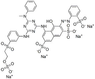 テトラナトリウム=4-ヒドロキシ-5-{4-(N-メチルアニリノ)-6-{3-[2-(オキシドスルホニルオキシ)エチルスルホニル]アニリノ}-1,3,5-トリアジン-2-イルアミノ}-3-(2-スルホナトフェニルアゾ)-2,7-ナフタレンジスルホナート