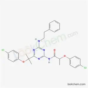 Molecular Structure of 56367-17-0 (2-(4-chlorophenoxy)-N-{4-[1-(4-chlorophenoxy)-1-methylethyl]-6-[(2-phenylethyl)amino]-1,3,5-triazin-2-yl}propanamide)