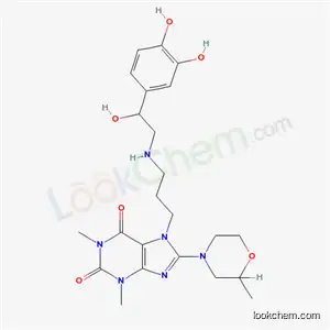 Molecular Structure of 62402-02-2 (7-[3-[[2-(3,4-Dihydroxyphenyl)-2-hydroxyethyl]amino]propyl]-8-(2-methylmorpholino)theophyline)
