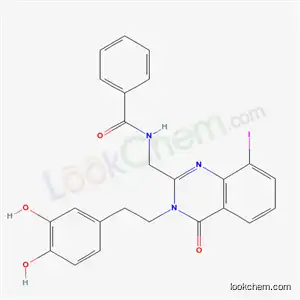 Molecular Structure of 68501-61-1 (N-({3-[2-(3,4-dihydroxyphenyl)ethyl]-8-iodo-4-oxo-3,4-dihydroquinazolin-2-yl}methyl)benzamide)