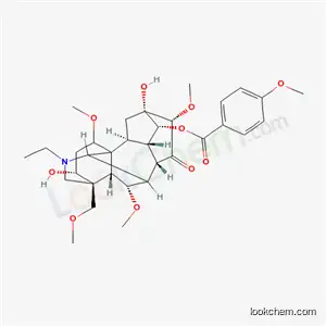 Molecular Structure of 123930-58-5 ((1alpha,3alpha,6alpha,10alpha,13alpha,14alpha,16alpha,17xi)-20-ethyl-3,13-dihydroxy-1,6,16-trimethoxy-4-(methoxymethyl)-15-oxoaconitan-14-yl 4-methoxybenzoate)