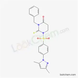Molecular Structure of 69180-66-1 (3-benzyl-1-{[4-(3,5-dimethyl-1H-pyrazol-1-yl)phenyl]sulfonyl}-2-thioxotetrahydropyrimidin-4(1H)-one)