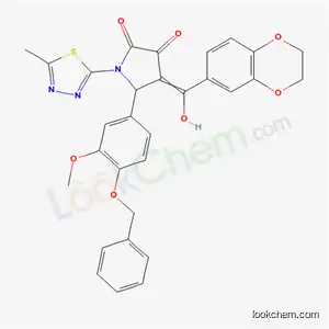 Molecular Structure of 7037-57-2 (5-[4-(benzyloxy)-3-methoxyphenyl]-4-[2,3-dihydro-1,4-benzodioxin-6-yl(hydroxy)methylidene]-1-(5-methyl-1,3,4-thiadiazol-2-yl)pyrrolidine-2,3-dione)