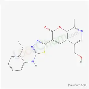 Molecular Structure of 6783-24-0 (3-{5-[(2-ethylphenyl)amino]-1,3,4-thiadiazol-2-yl}-5-(hydroxymethyl)-8-methyl-2H-pyrano[2,3-c]pyridin-2-one)