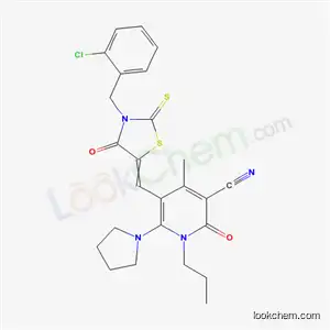 Molecular Structure of 7064-09-7 (5-{[3-(2-chlorobenzyl)-4-oxo-2-thioxo-1,3-thiazolidin-5-ylidene]methyl}-4-methyl-2-oxo-1-propyl-6-pyrrolidin-1-yl-1,2-dihydropyridine-3-carbonitrile)