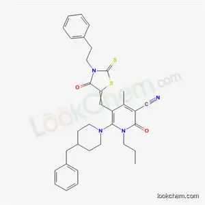 Molecular Structure of 7064-22-4 (6-(4-benzylpiperidin-1-yl)-4-methyl-2-oxo-5-{[4-oxo-3-(2-phenylethyl)-2-thioxo-1,3-thiazolidin-5-ylidene]methyl}-1-propyl-1,2-dihydropyridine-3-carbonitrile)