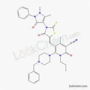 Molecular Structure of 7064-27-9 (6-(4-benzylpiperazin-1-yl)-5-{[3-(1,5-dimethyl-3-oxo-2-phenyl-2,3-dihydro-1H-pyrazol-4-yl)-4-oxo-2-thioxo-1,3-thiazolidin-5-ylidene]methyl}-4-methyl-2-oxo-1-propyl-1,2-dihydropyridine-3-carbonitrile)