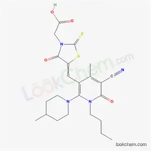 Molecular Structure of 7064-75-7 ((5-{[1-butyl-5-cyano-4-methyl-2-(4-methylpiperidin-1-yl)-6-oxo-1,6-dihydropyridin-3-yl]methylidene}-4-oxo-2-thioxo-1,3-thiazolidin-3-yl)acetic acid)