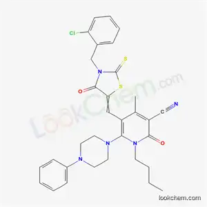 Molecular Structure of 7065-11-4 (1-butyl-5-{[3-(2-chlorobenzyl)-4-oxo-2-thioxo-1,3-thiazolidin-5-ylidene]methyl}-4-methyl-2-oxo-6-(4-phenylpiperazin-1-yl)-1,2-dihydropyridine-3-carbonitrile)
