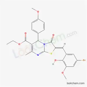 Molecular Structure of 5832-47-3 (ethyl (2Z)-2-[(5-bromo-2-hydroxy-3-methoxyphenyl)methylidene]-5-(4-methoxyphenyl)-7-methyl-3-oxo-2,3-dihydro-5H-[1,3]thiazolo[3,2-a]pyrimidine-6-carboxylate)