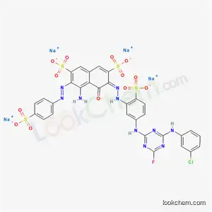 2-[3-{8-アミノ-1-ヒドロキシ-3,6-ジスルホ-7-(4-スルホフェニルアゾ)-2-ナフチルアゾ}-4-スルホアニリノ]-4-(3-クロロアニリノ)-6-フルオロ-1,3,5-トリアジンのナトリウム塩