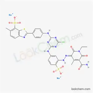 ジナトリウム=2-{4-{4-[3-(5-カルバモイル-1-エチル-2-ヒドロキシ-4-メチル-6-オキソ-1,6-ジヒドロ-3-ピリジルアゾ)-4-スルホナトアニリノ]-6-クロロ-1,3,5-トリアジン-2-イルアミノ}フェニル}-6-メチル-1,3-ベンゾチアゾール-7-スルホナート