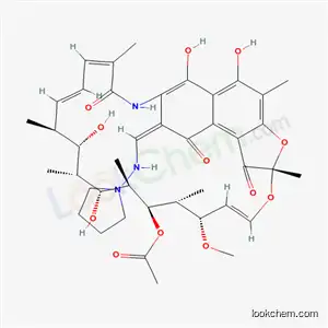 Molecular Structure of 13292-39-2 ((8Z,24E)-5,6,17,19-tetrahydroxy-23-methoxy-2,4,12,16,18,20,22-heptamethyl-1,9,11-trioxo-8-[(pyrrolidin-1-ylamino)methylidene]-1,2,8,9-tetrahydro-2,7-(epoxypentadeca[1,11,13]trienoimino)naphtho[2,1-b]furan-21-yl acetate)