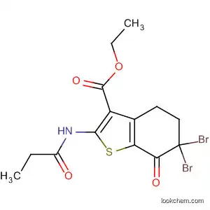 Molecular Structure of 113407-91-3 (Benzo[b]thiophene-3-carboxylic acid,
6,6-dibromo-4,5,6,7-tetrahydro-7-oxo-2-[(1-oxopropyl)amino]-, ethyl
ester)