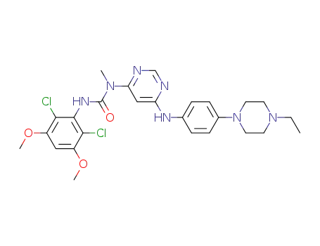 Molecular Structure of 872511-34-7 (3-(2,6-Dichloro-3,5-dimethoxyphenyl)-1-[6-[[4-(4-ethylpiperazin-1-yl)phenyl]amino]pyrimidin-4-yl]-1-methylurea)
