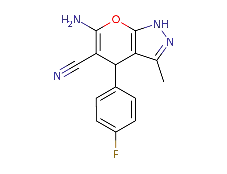 Molecular Structure of 89607-37-4 (6-amino-4-(4-fluorophenyl)-3-methyl-1,4-dihydropyrano[2,3-c]pyrazole-5-carbonitrile)