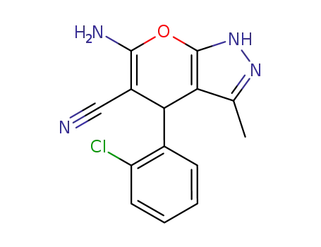 Molecular Structure of 89607-38-5 (Pyrano[2,3-c]pyrazole-5-carbonitrile,
6-amino-4-(2-chlorophenyl)-1,4-dihydro-3-methyl-)