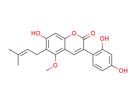 Molecular Structure of 94805-82-0 (3-(2,4-Dihydroxyphenyl)-7-hydroxy-5-methoxy-6-(3-methyl-2-butenyl)-2H-1-benzopyran-2-one)